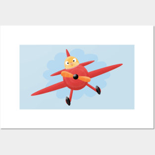 Cute bird flying red airplane cartoon illustration Posters and Art